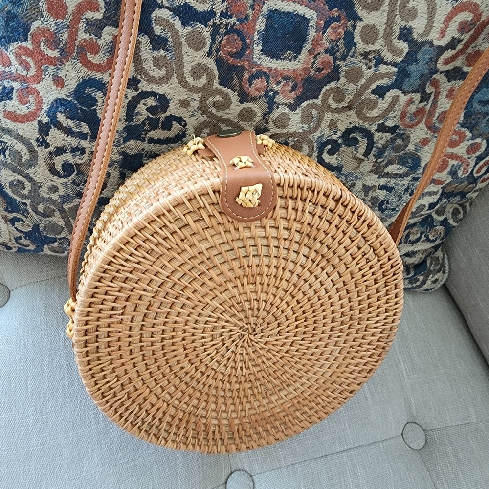 Round Rattan Bag Wicker Straw Shoulder Leather Straps